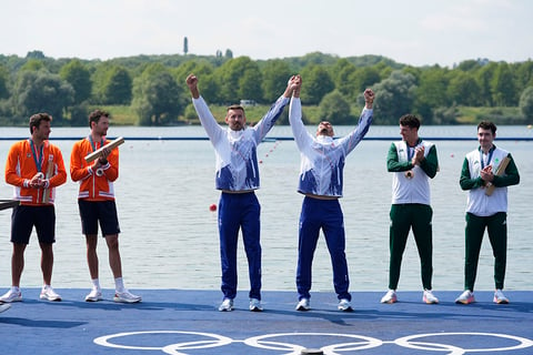 Men's double sculls: Netherland's Melvin Twellaar and Stef Broenink (Silver), Romania's Andrei Sebastian Cornea and Marian Florian Enache (Gold) and Ireland's Daire Lynch and Philip Doyle (Bronze)